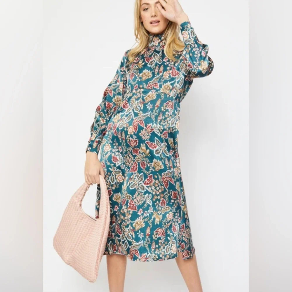 JAYLEY  Sz O/S US Medium Equivalent Duchess Silk Blend Midi Modest Dress NEW